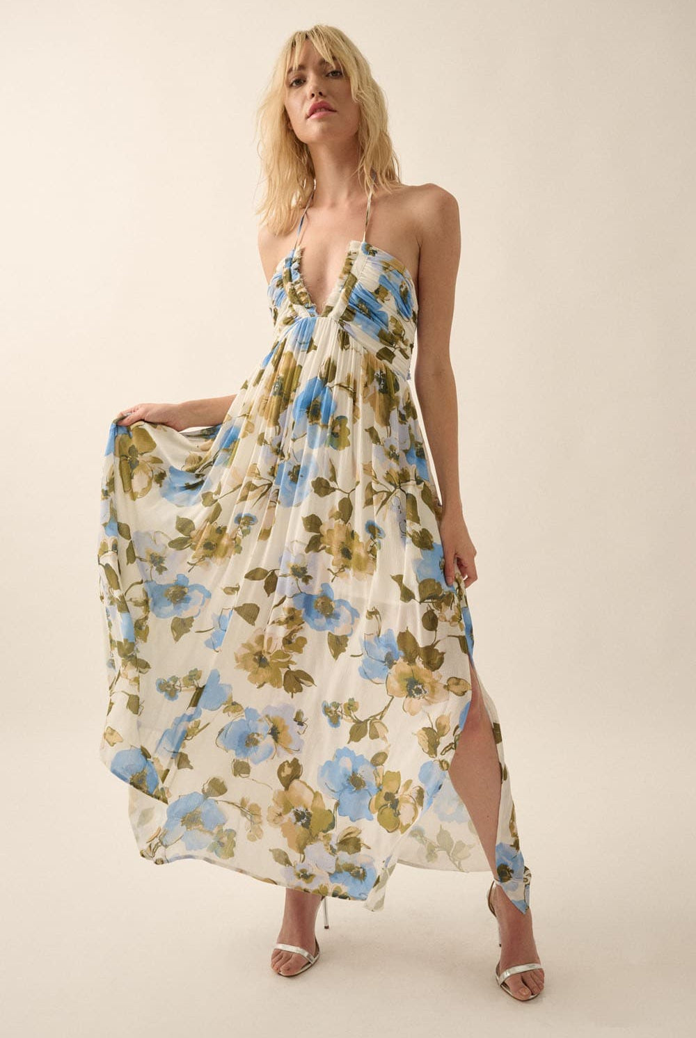 AVAH-Catalina Tassel Halter Floral Maxi Dress-Off White with Blue Floral