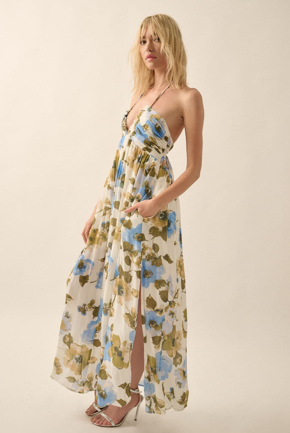 AVAH-Catalina Tassel Halter Floral Maxi Dress-Off White with Blue Floral