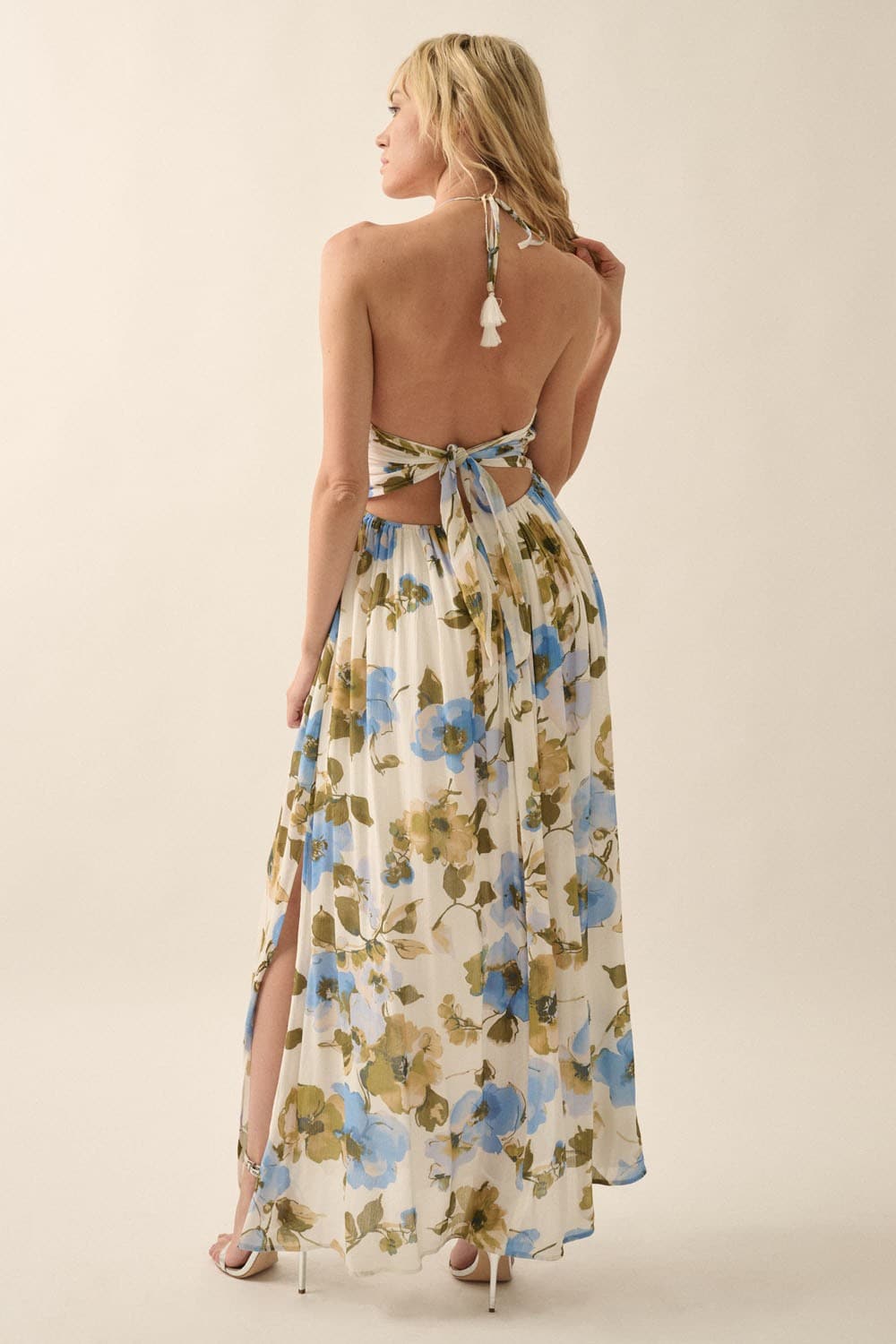 AVAH-Catalina Tassel Halter Floral Maxi Dress-Off White with Blue Floral