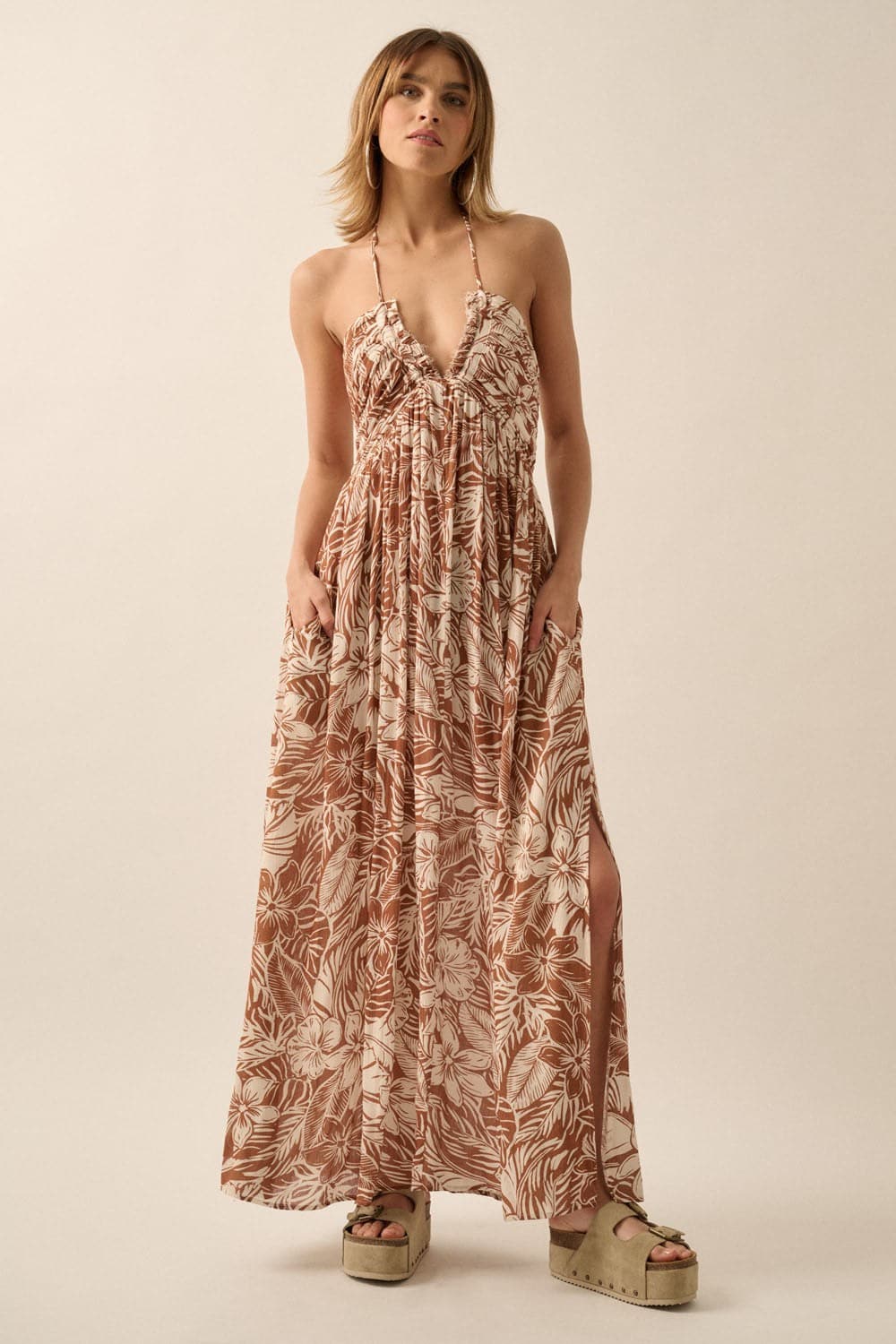 Tropical Paradise Floral Print Halter Neck Maxi Dress