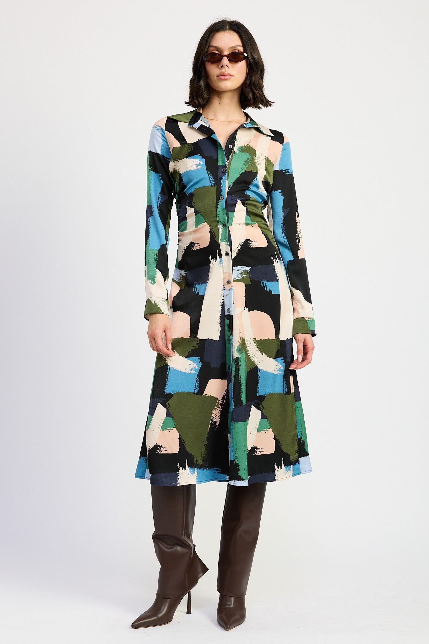 Abstract Brushstroke Long Sleeve Shirt Dress