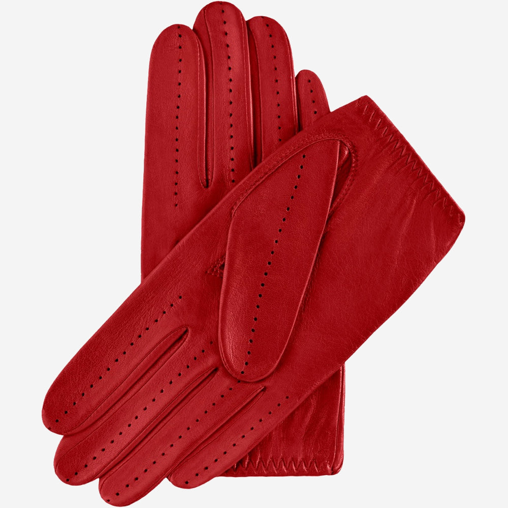 Pair of red leather gloves on a white background