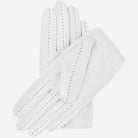 Pair of white leather gloves on a light gray background