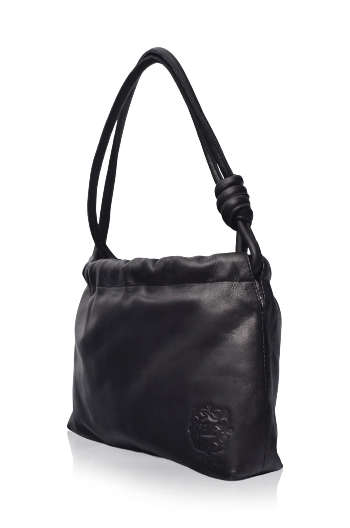 Black leather handbag with a knotted handle on a white background