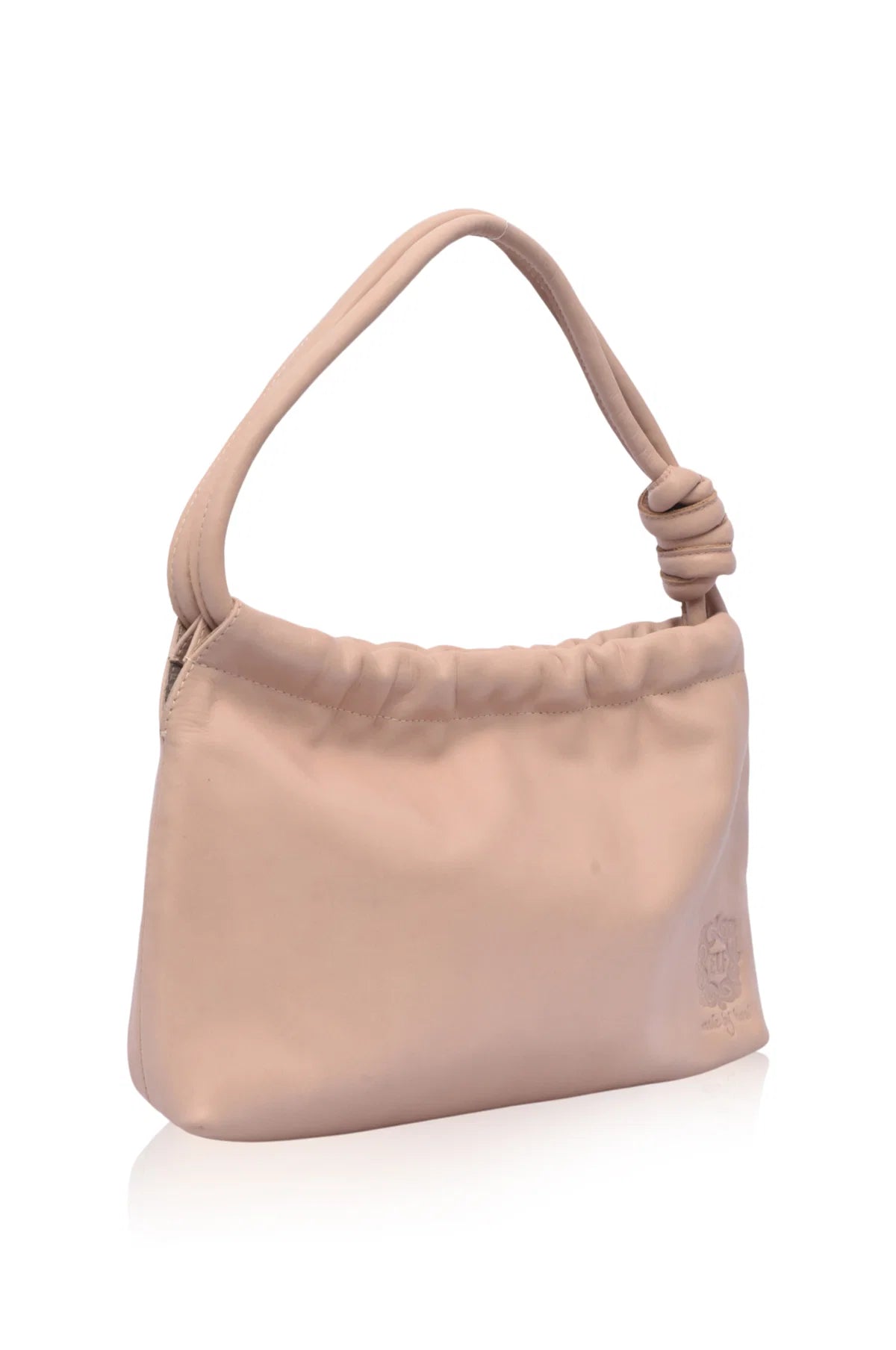 A beige leather shoulder bag with a knotted strap detail, shown on a clean white background.