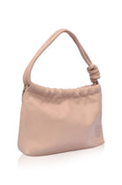 A beige leather shoulder bag with a knotted strap detail, shown on a clean white background.
