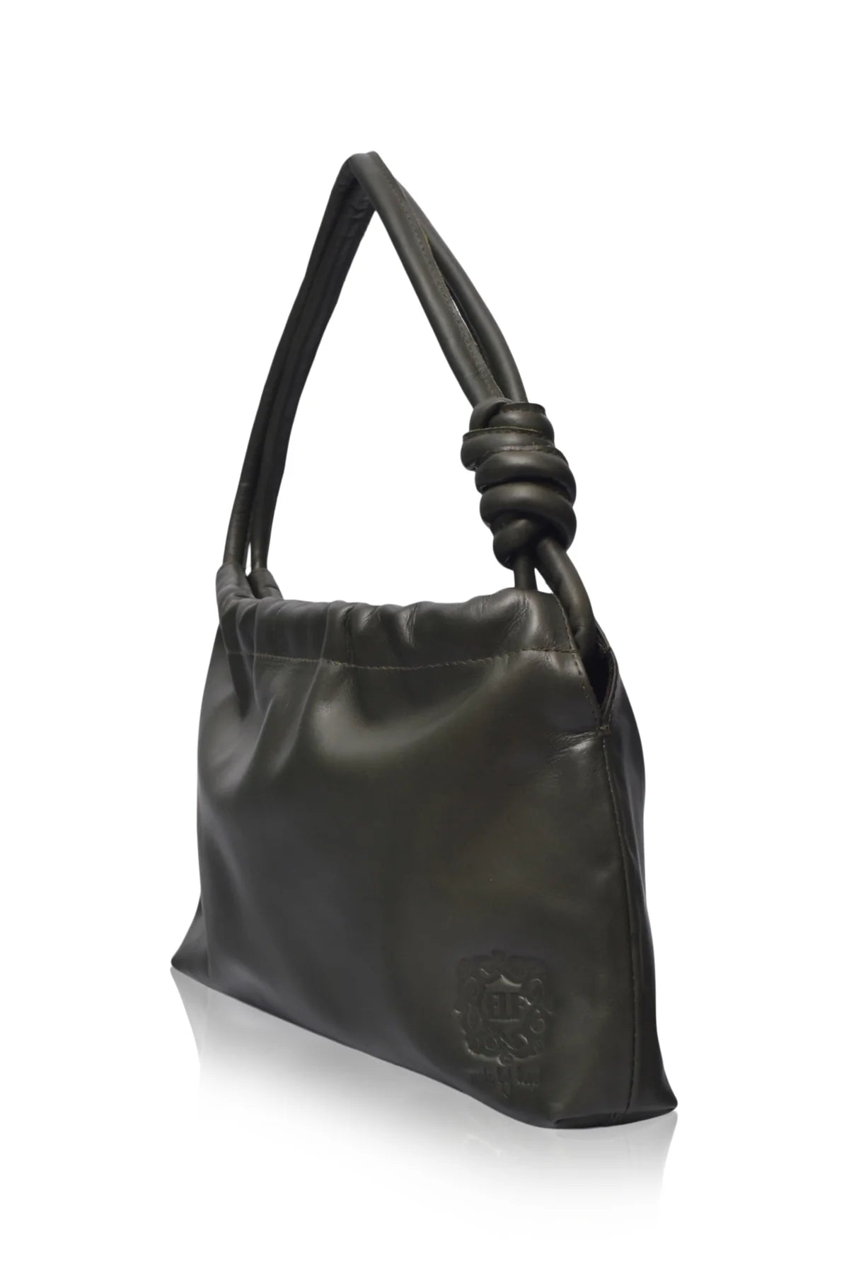A black leather shoulder bag with a knotted handle detail, shown from a three-quarter angle on a white background.