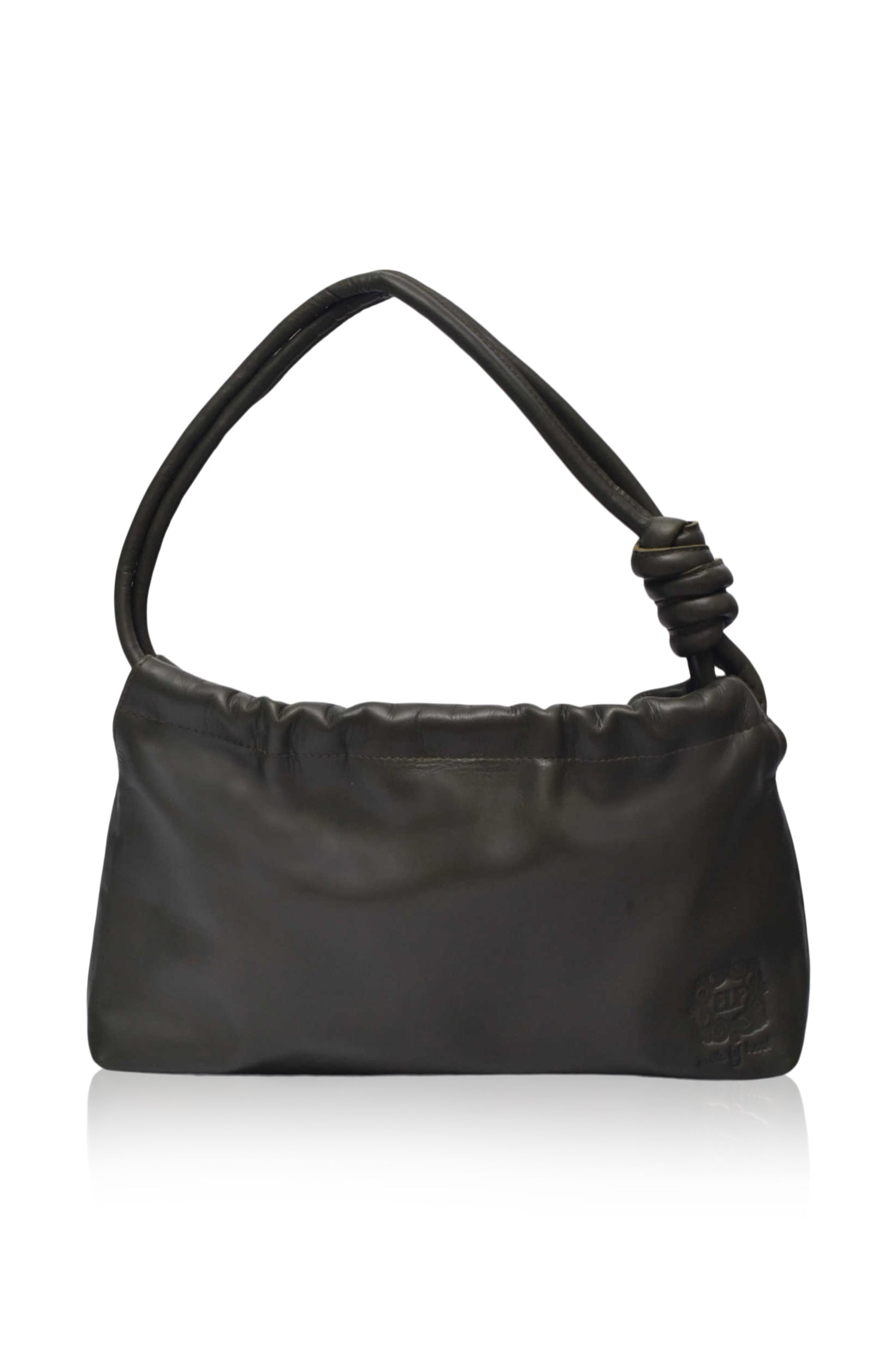 Black leather handbag with a knotted handle on a white background