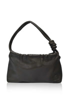 Black leather handbag with a knotted handle on a white background