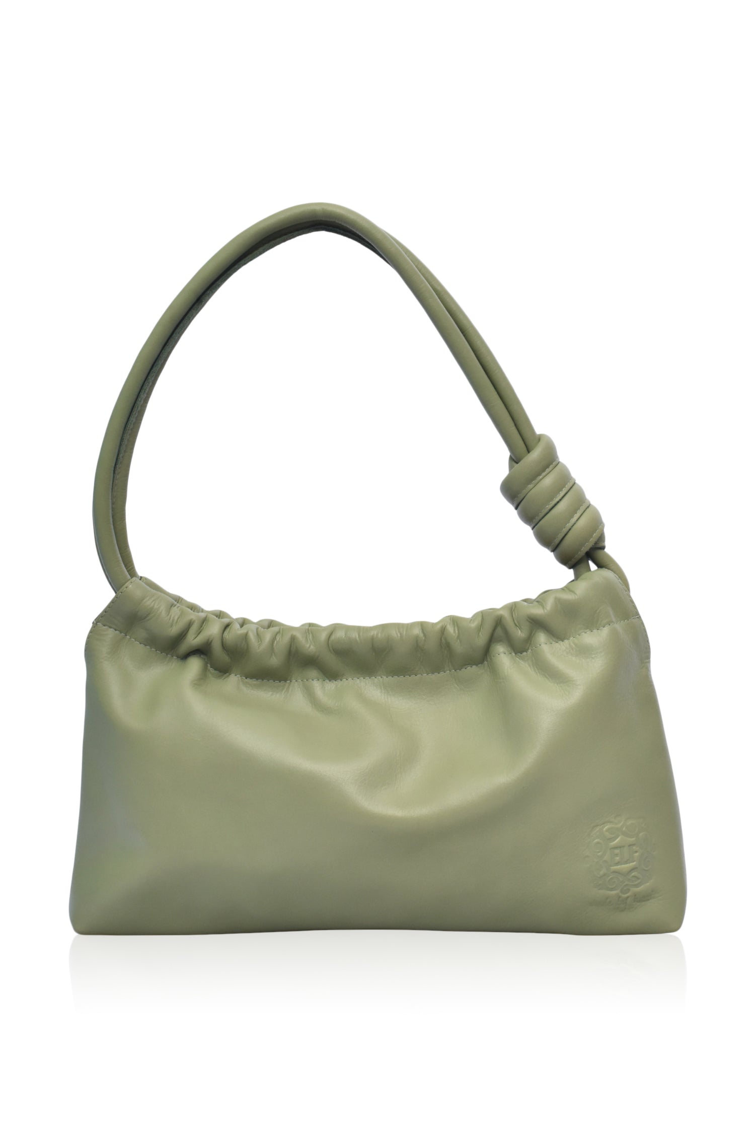 Olive green mini leather handbag with a knotted handle on a white background