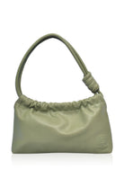 Olive green mini leather handbag with a knotted handle on a white background