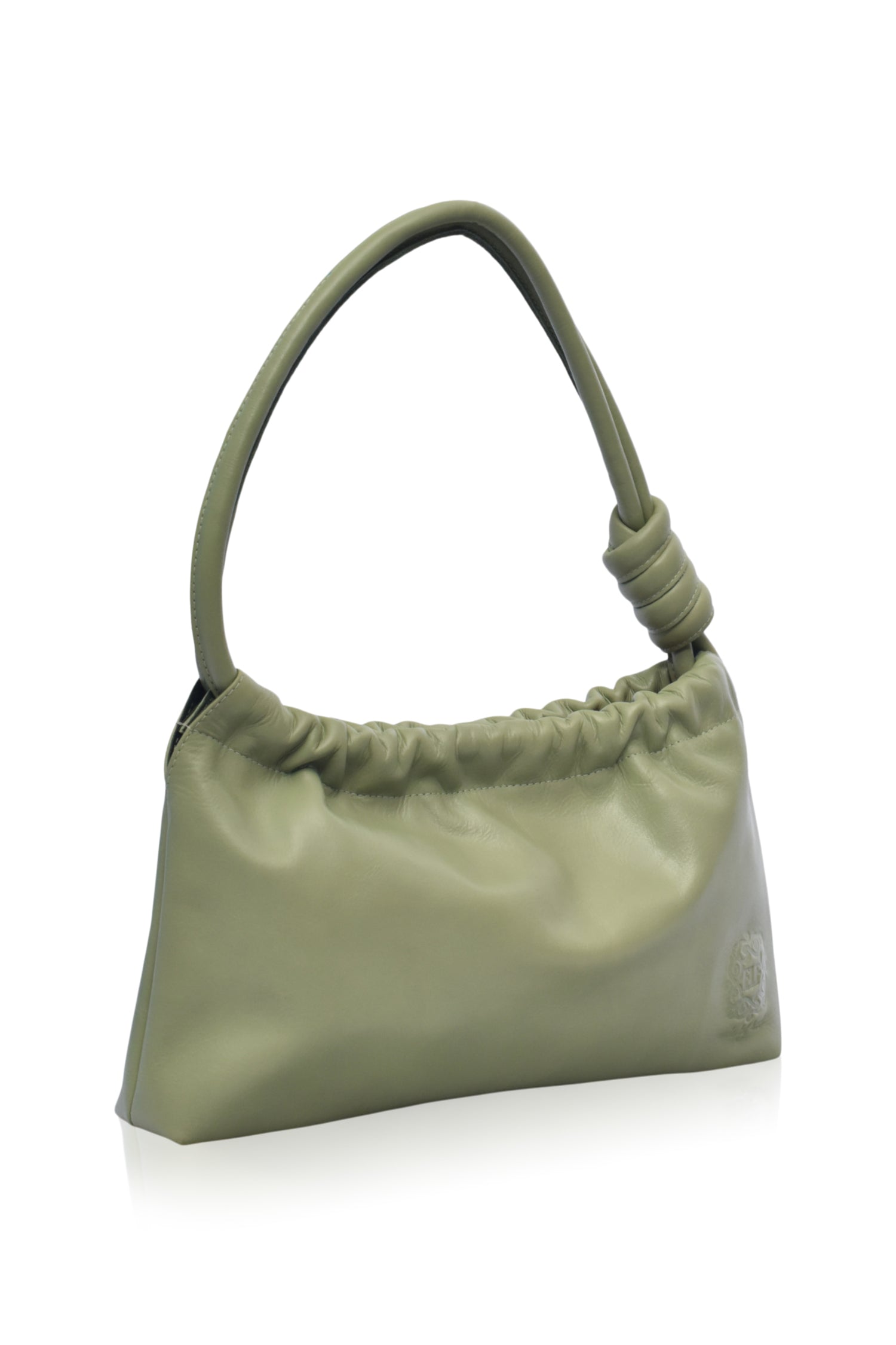 Olive green leather handbag on a white background