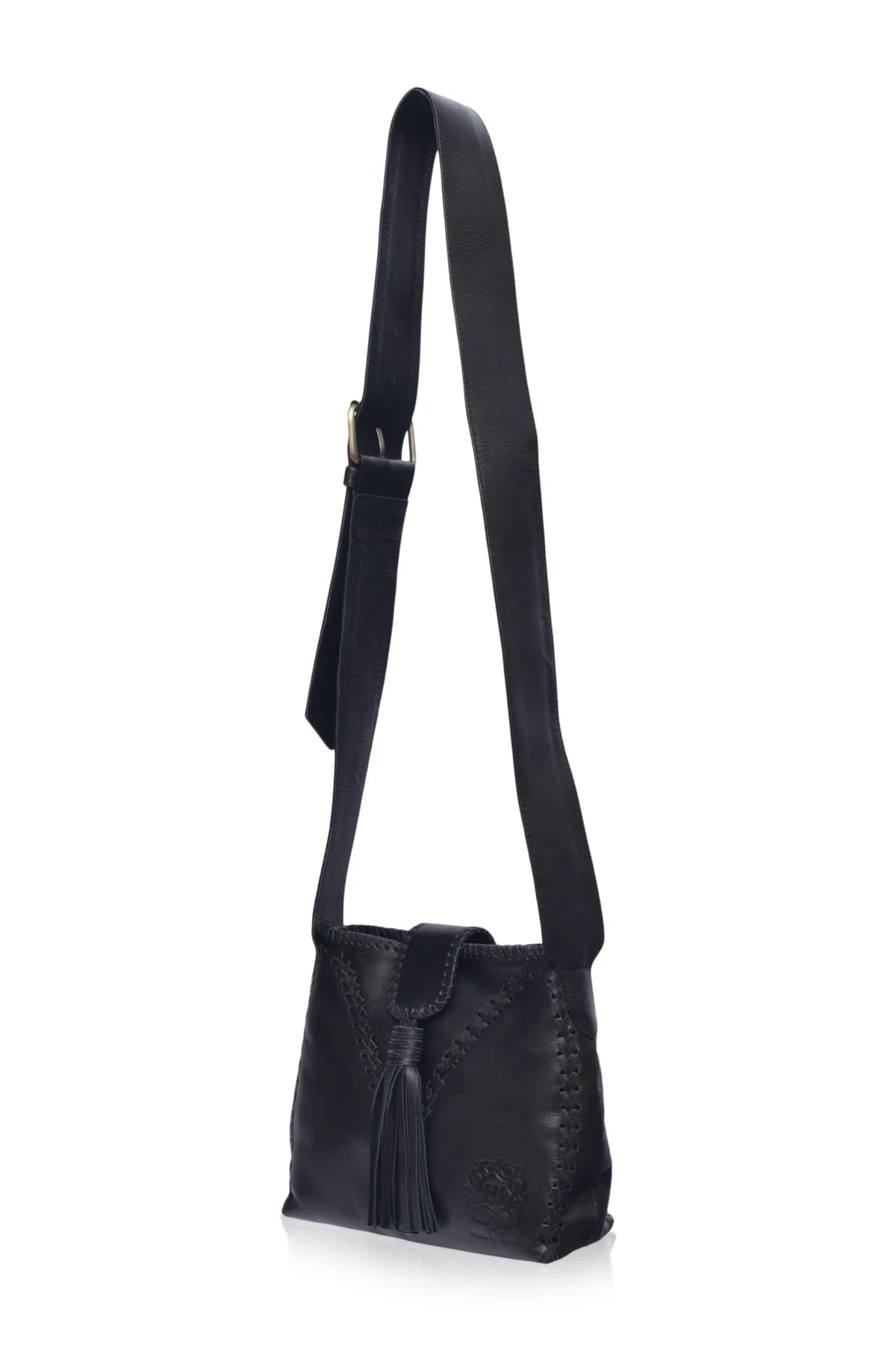 A black leather shoulder bag with a long strap, featuring a front flap with a tassel and decorative stitching, shown against a plain white background.