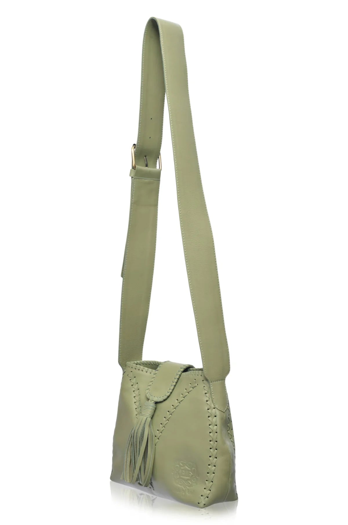 Olive Green leather handbag with a strap on a white background