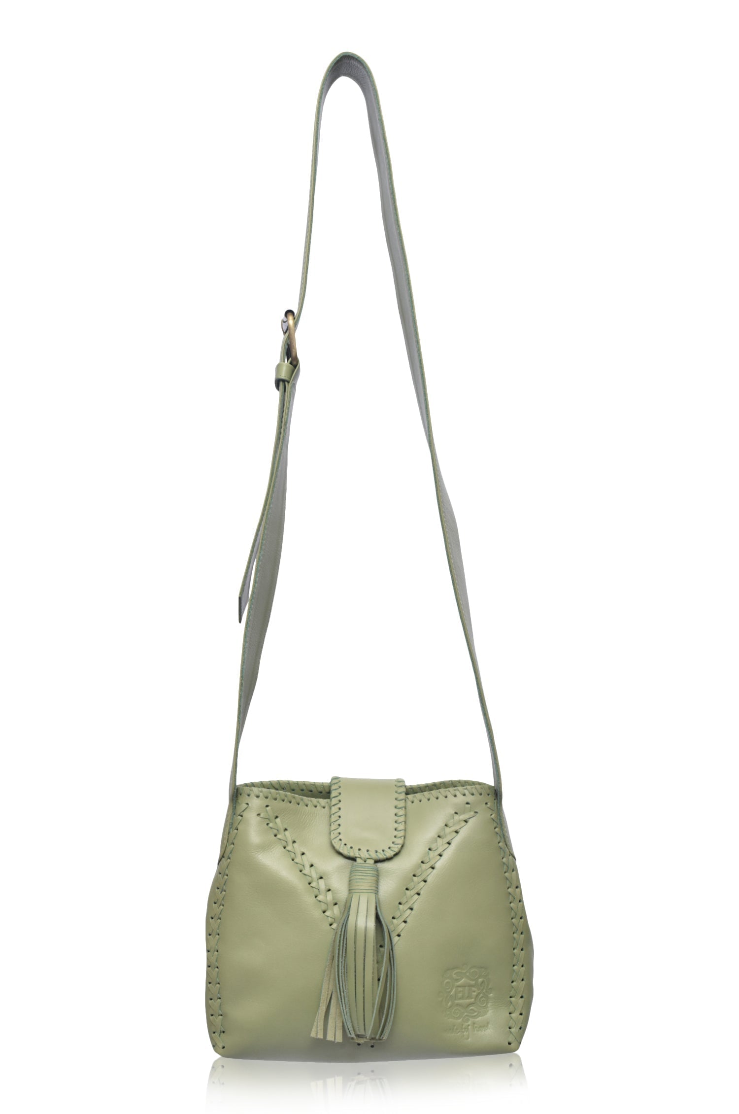 olive green leather handbag with fringe details and wide crossbody strap on a white background, front view
