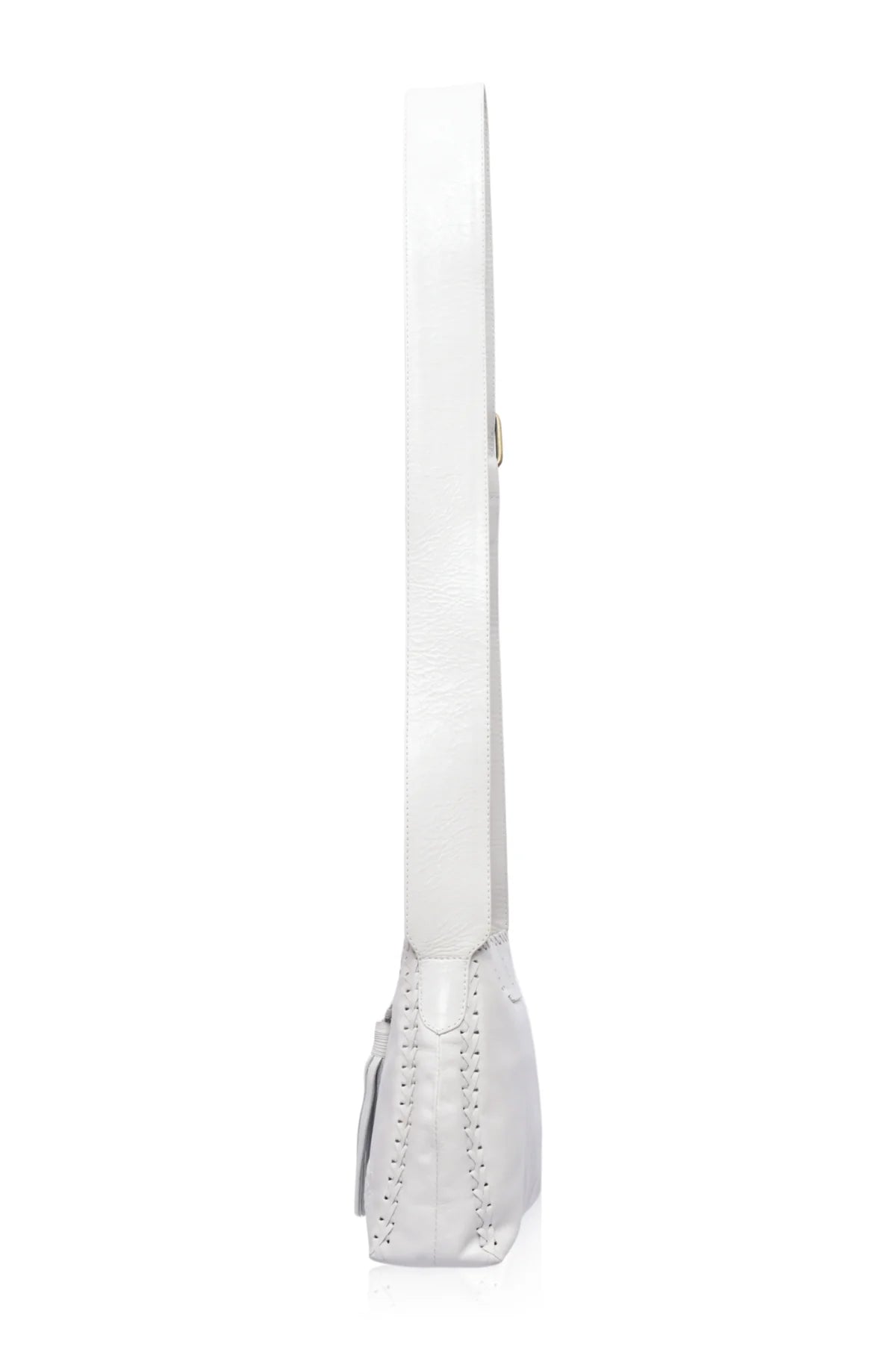 A white leather shoulder bag shown from a side profile view against a solid white background.