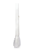 A white leather shoulder bag shown from a side profile view against a solid white background.