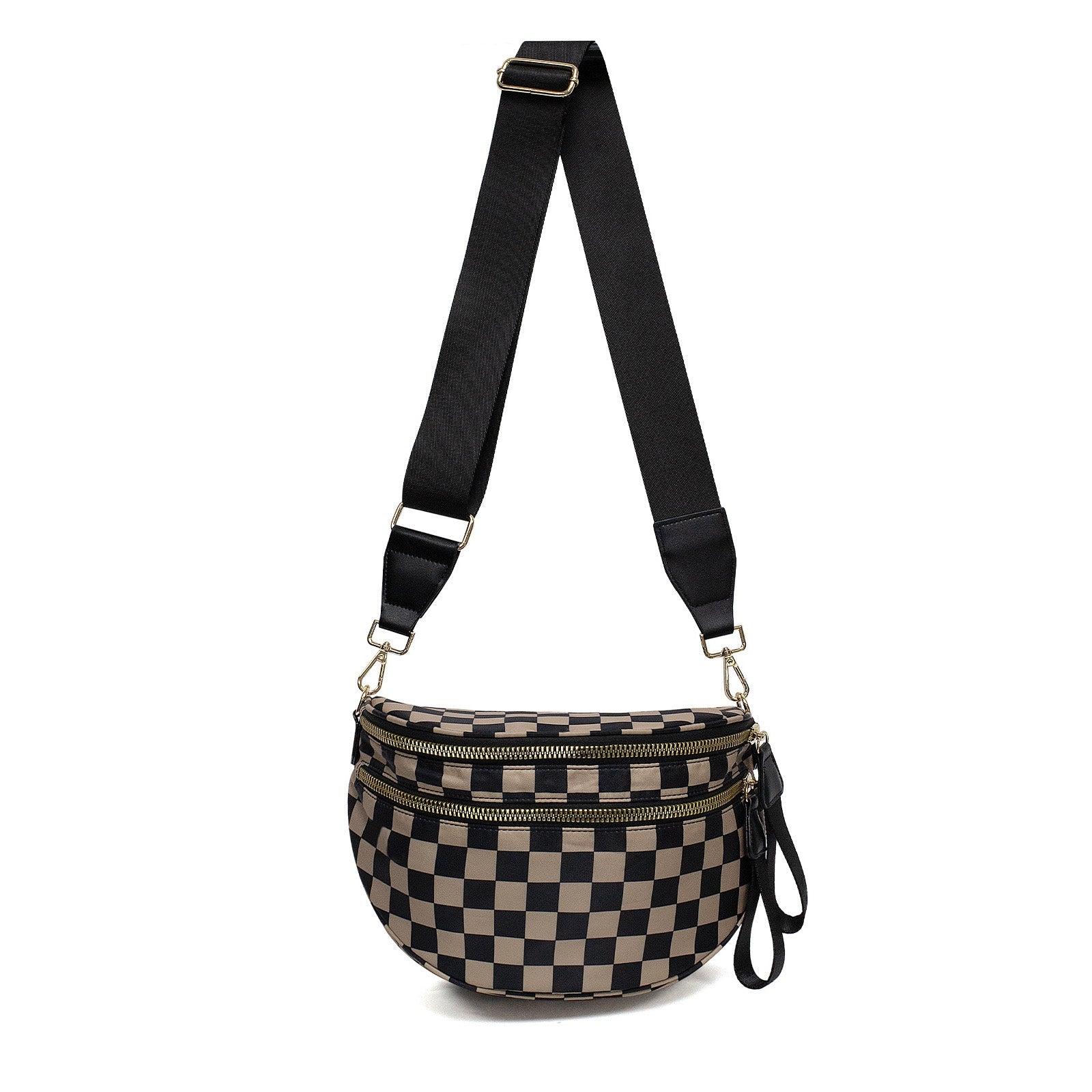 AVAH-black and tan checkered chic oversized sling bag with double zips and multiple pockets on a neutral background