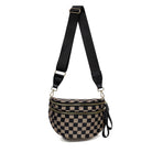 AVAH-black and tan checkered chic oversized sling bag with double zips and multiple pockets on a neutral background
