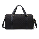 AVAH-Weekend Bliss Quilted Travel Bag in black featuring a timeless design with vegan leather accents, Exterior open side pocket, luggage/trolley sleeve, shoe compartment, zip pocket and gold hardware