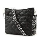 AVAH- black quilted crossbody bag with leopard strap, front view