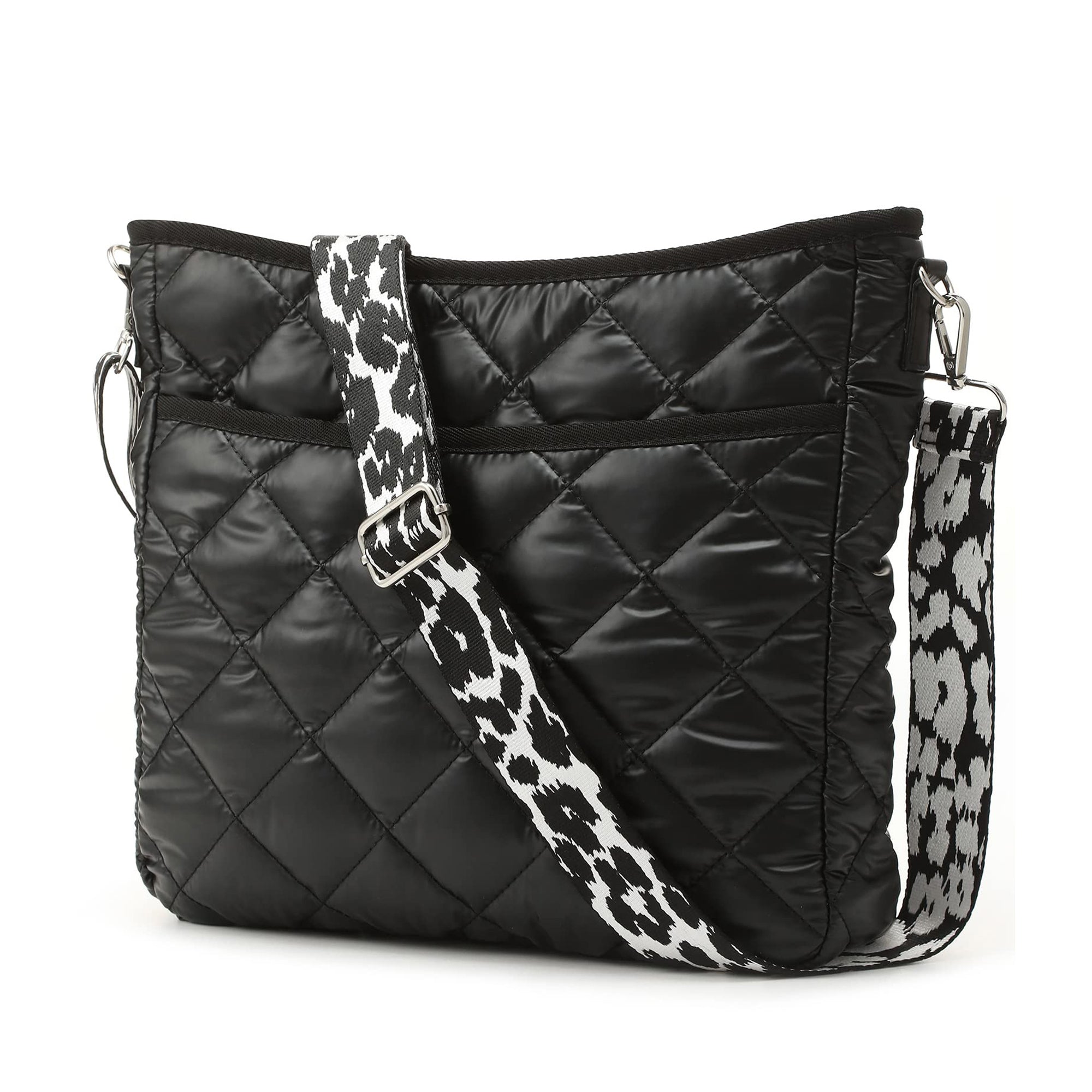 AVAH- black quilted crossbody bag with leopard strap, front view