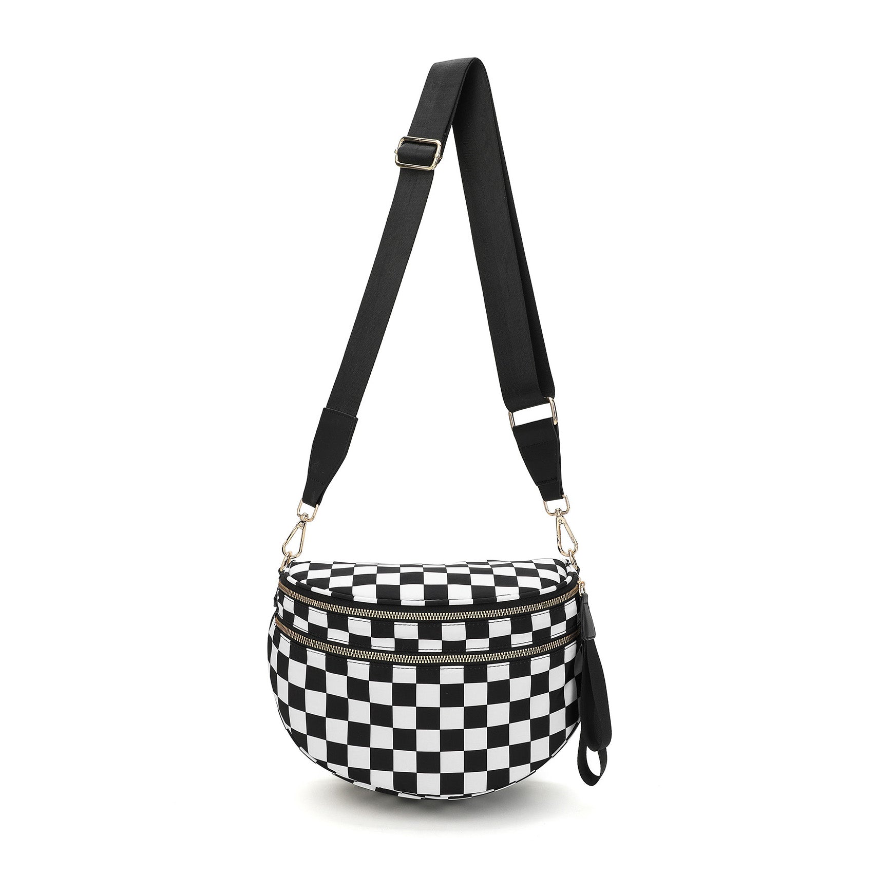 AVAH-a black and white checkered chic oversized sling bag with double zips and multiple pockets on a white background
