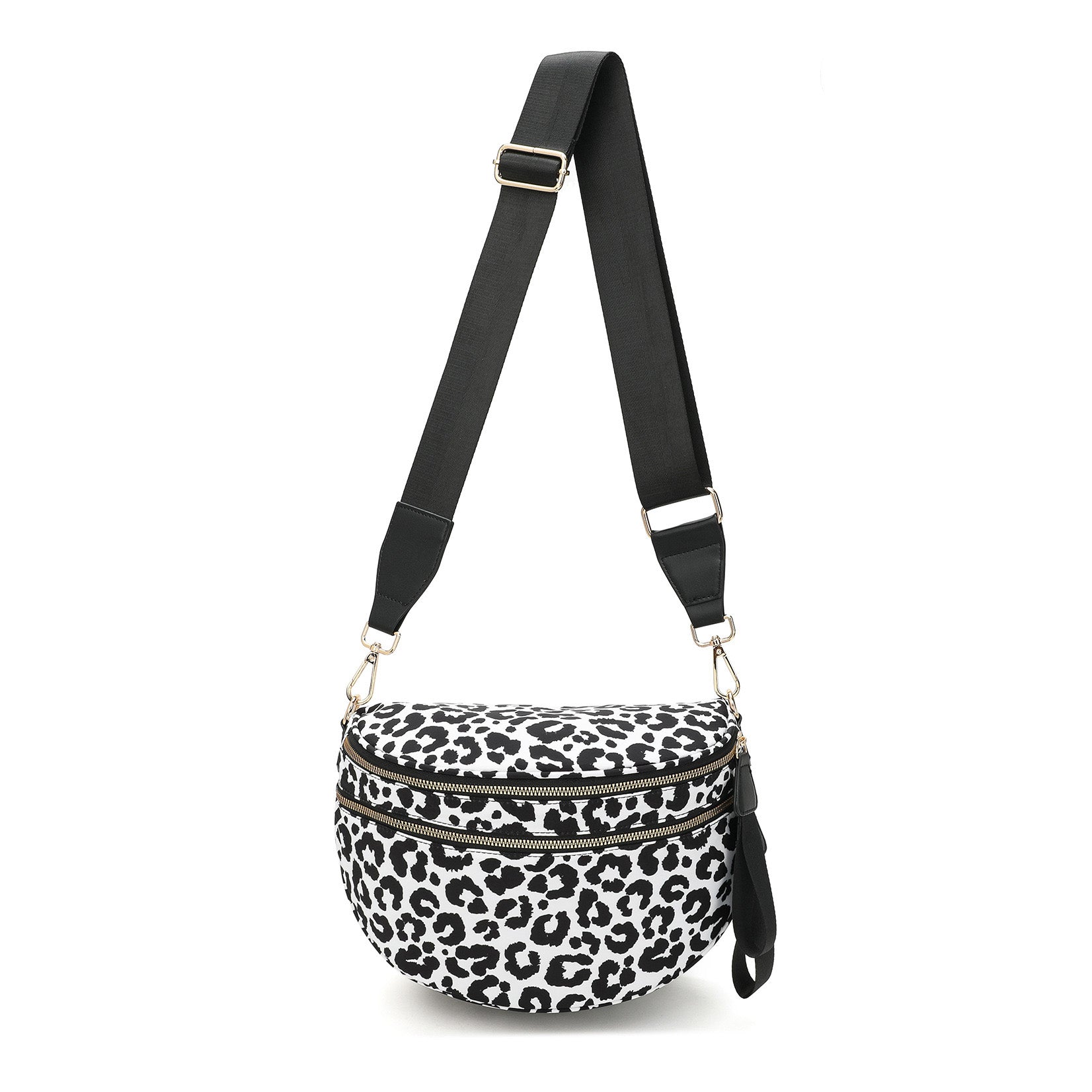 Black and white leopard crescent sling bag with gold double zips and webbing strap