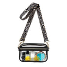 AVAH-a clear stadium crossbody bag with black accents, and leopard straps, against a white background.