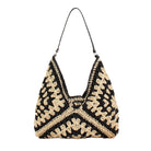 Woven straw shoulder bag with Vegan leather fixed strap and magnetic clasp closure in black multi