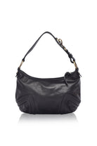 Black leather handbag on a white background