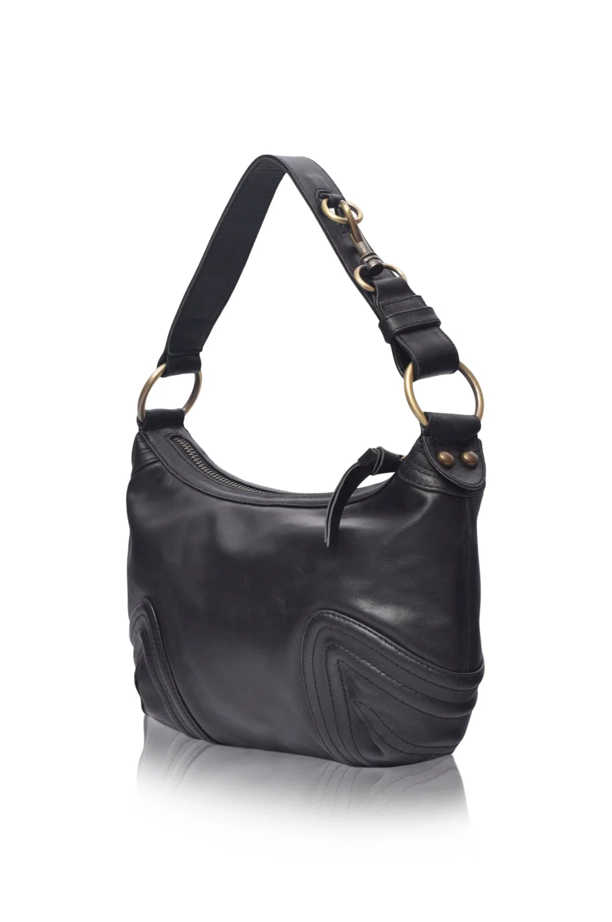 Black leather handbag with gold hardware on a white background