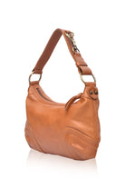Tan leather handbag on a white background