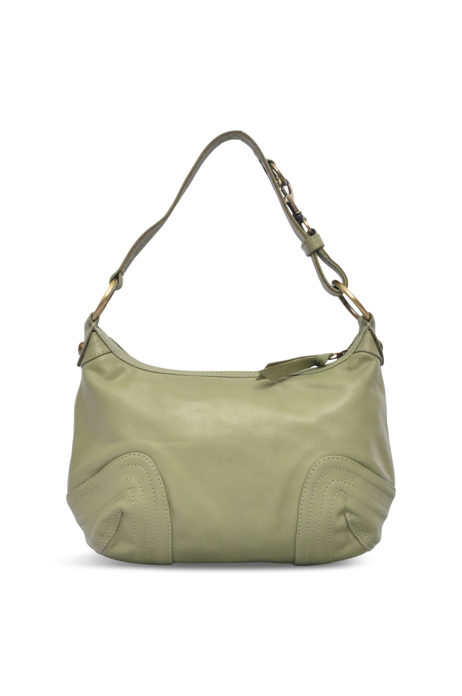 Olive green leather handbag on a white background
