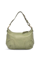 Olive green leather handbag on a white background