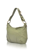 Olive green leather handbag with a reflective surface on a white background