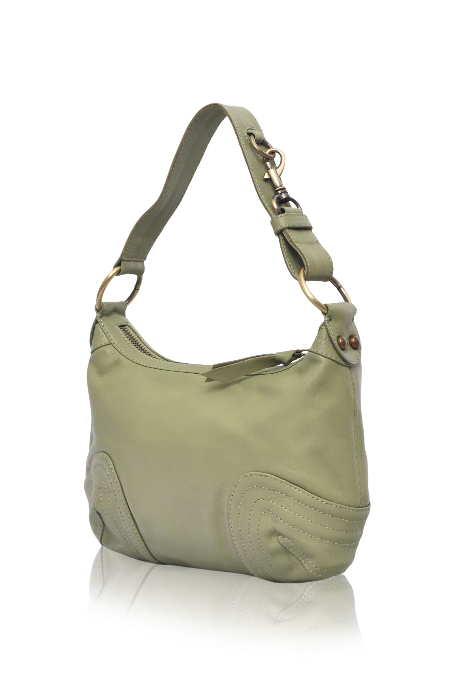 Olive green leather handbag with a reflective surface on a white background