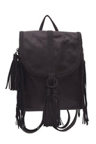 Black leather backpack with fringe details on a white background