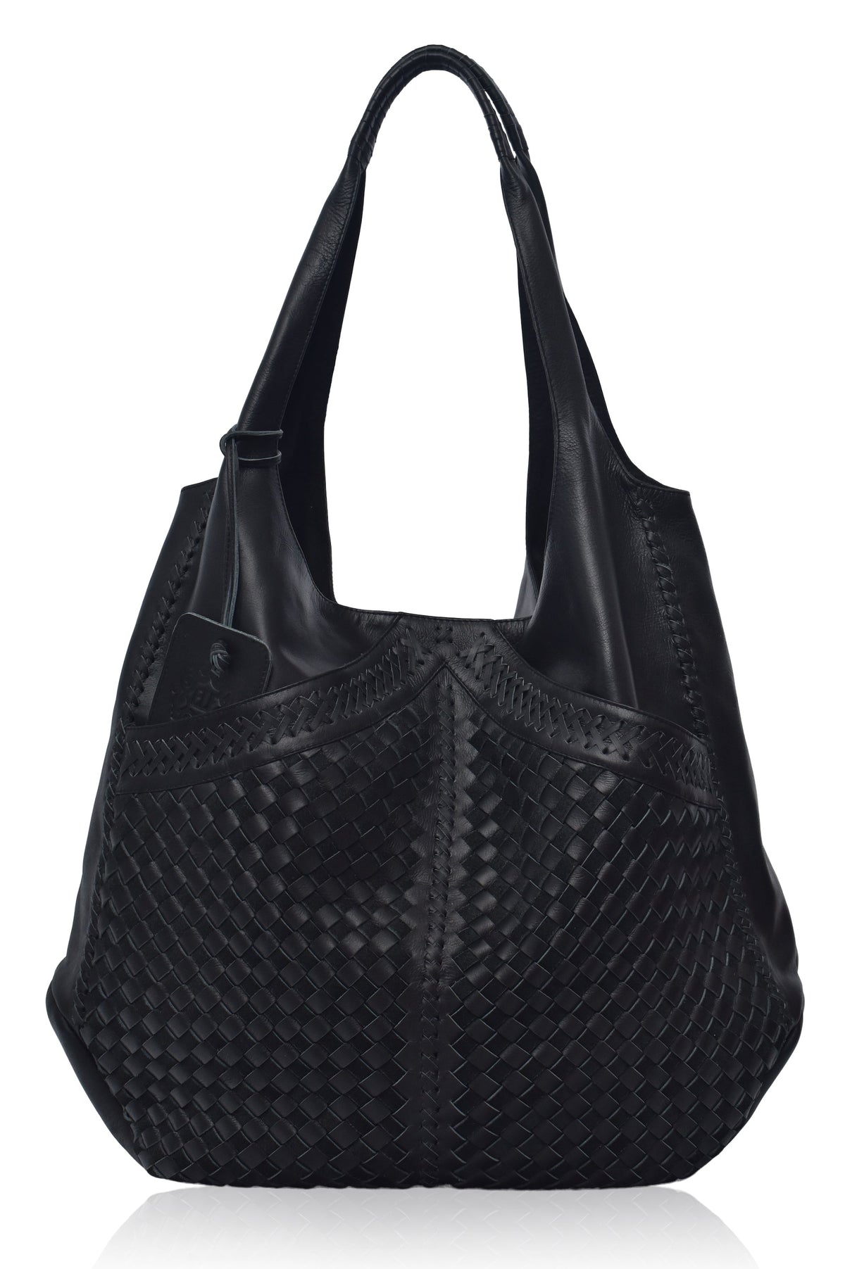 Black woven handbag on a white background