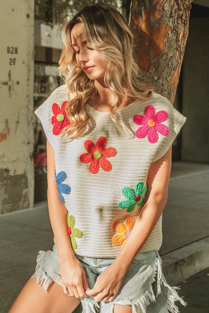 AVAH-Blossom Adorned Floral Crochet Top-Ivory