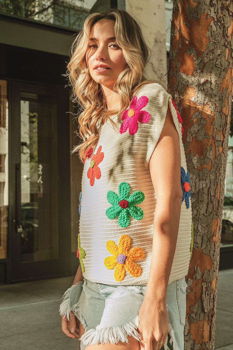 AVAH-Blossom Adorned Floral Crochet Top-Ivory