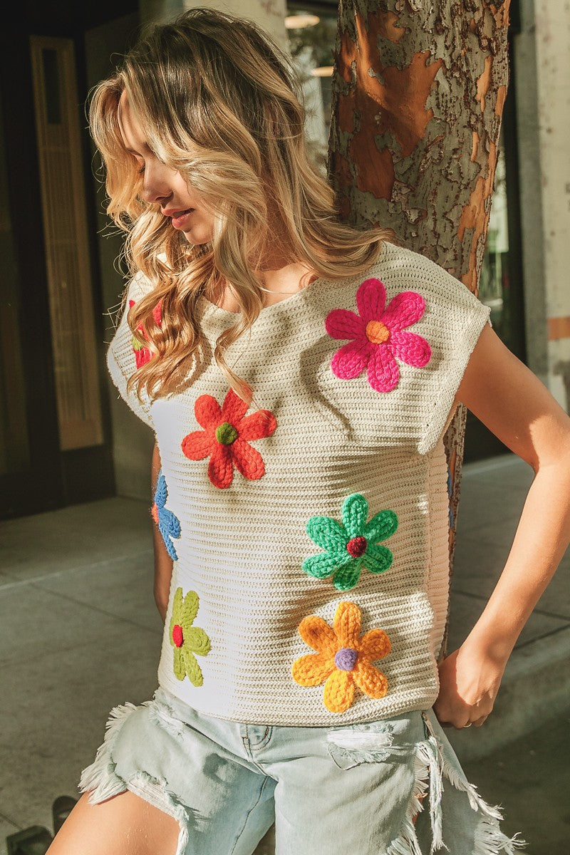 AVAH-Blossom Adorned Floral Crochet Top-Ivory