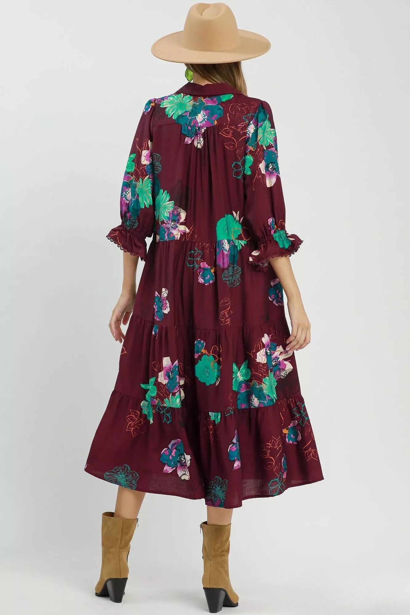 Back view of burgundy floral midi dress showing relaxed tiered silhouette and colorful floral print.
