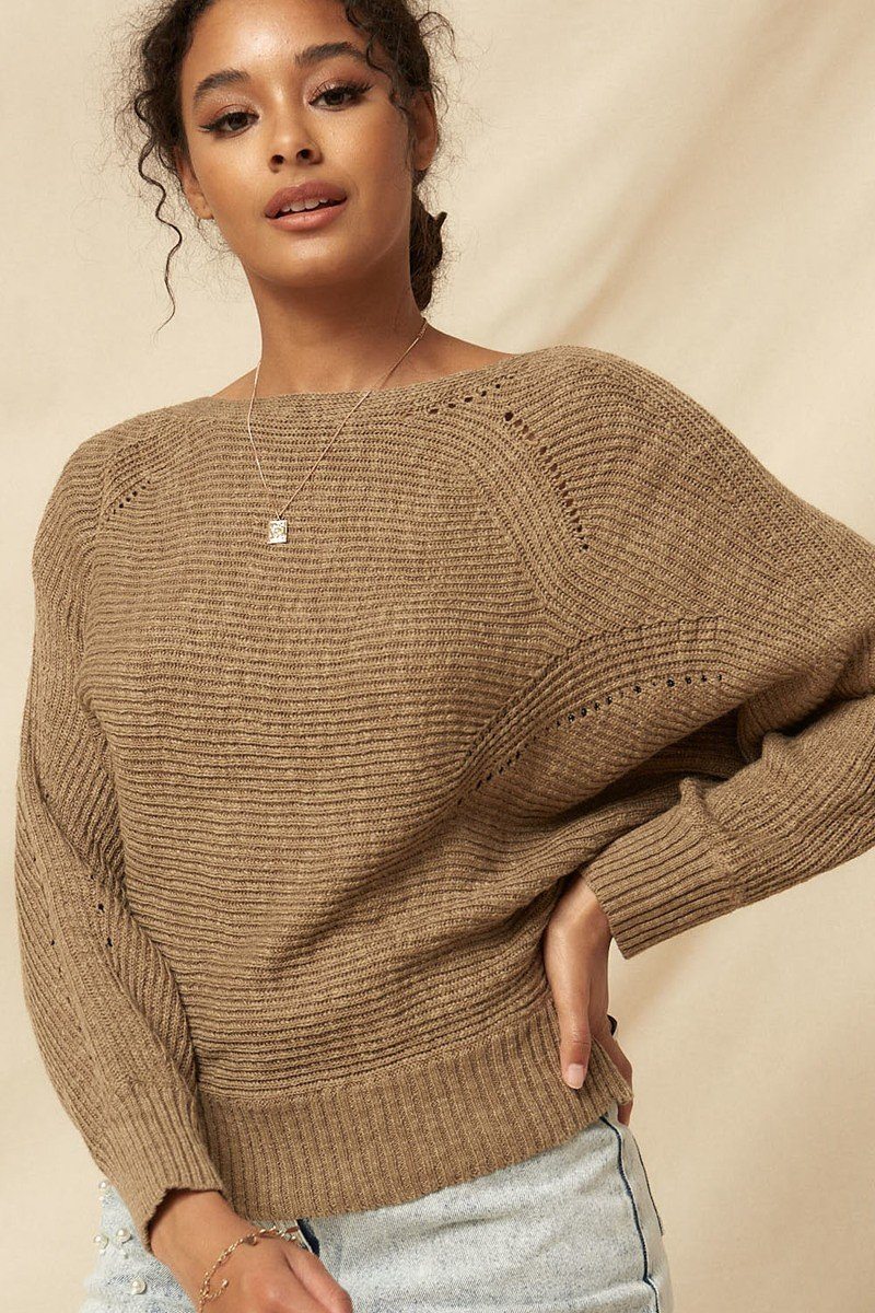 Taupe rib knit sweater with multi-rib pattern and delicate eyelet accents, shown on model with casual jeans-AVAH