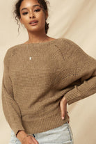 Taupe rib knit sweater with multi-rib pattern and delicate eyelet accents, shown on model with casual jeans-AVAH