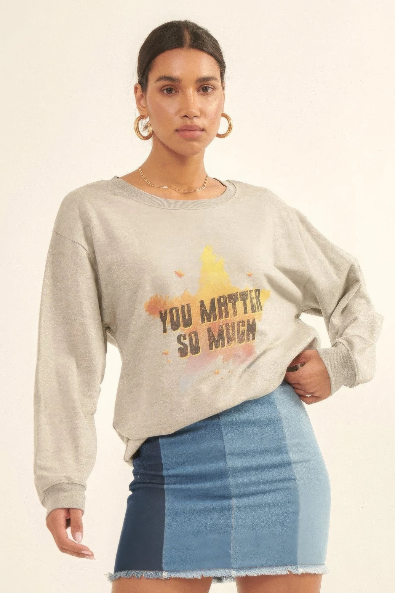 Model wearing Radiance Reminder Graphic Sweatshirt with uplifting “You Matter So Much” graphic star print-AVAH