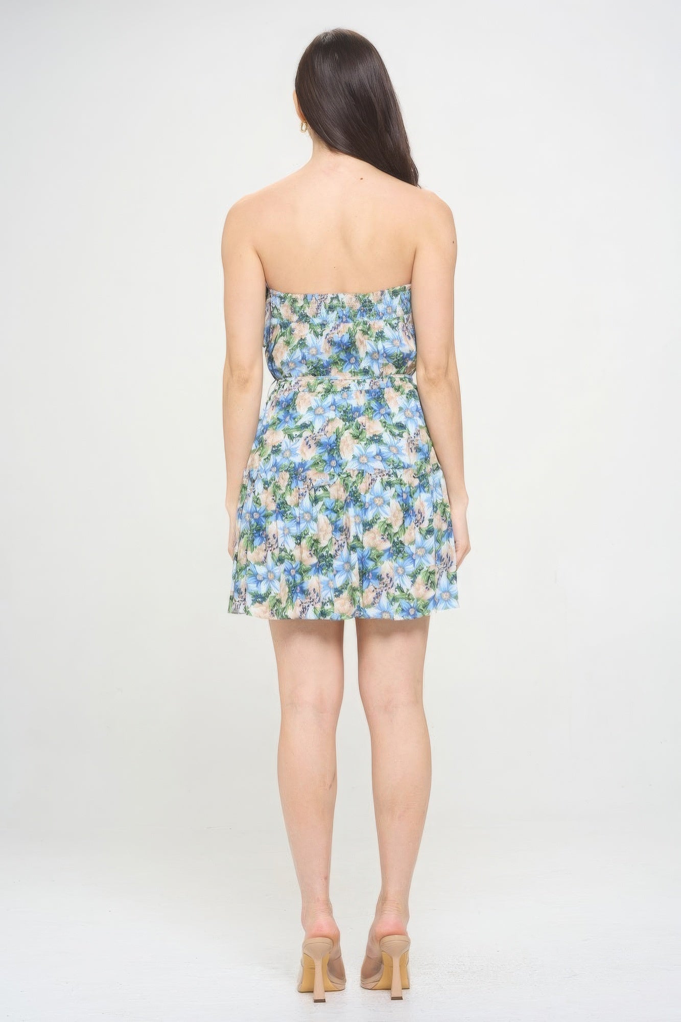 Back view of blue floral mini dress