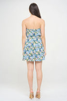 Back view of blue floral mini dress