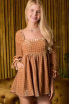 Model in velvet romper with square neckline and puff sleeves-AVAH