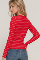 Model posing in a red striped ribbed knit top and blue jeans, showing the fitted silhouette-back view